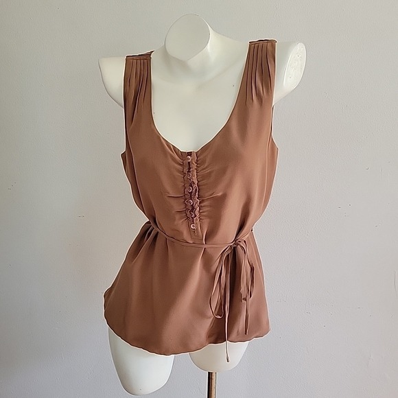 J Crew Silk Chiffon Belted Blouse Small Chocolate Brown Sleeveless Chic Feminine - Picture 2 of 15